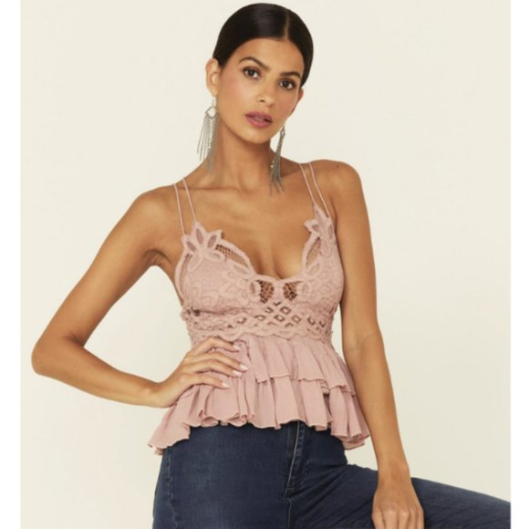 Free People Adella Dusty Mauve Boho Lace Smocked Strappy Cami - Size L - NWT - Picture 3 of 13